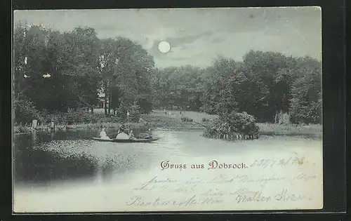 Mondschein-AK Dobrock, Ruderer auf See im Park
