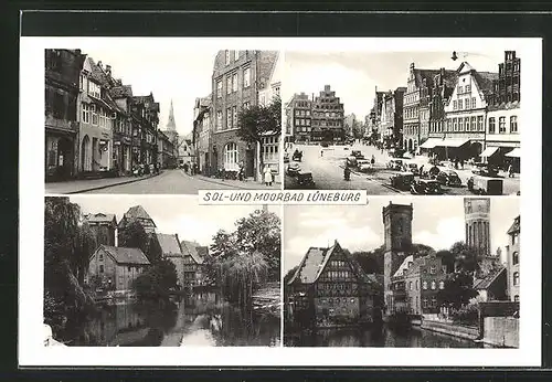 AK Lüneburg, Marktplatz, Rathaus, Kirche, Geschäftshäuser, Weiher, Lagerhäuser