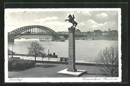 AK Düsseldorf, Ulanendenkmal an der Rheinbrücke, Dampfer, Kähne