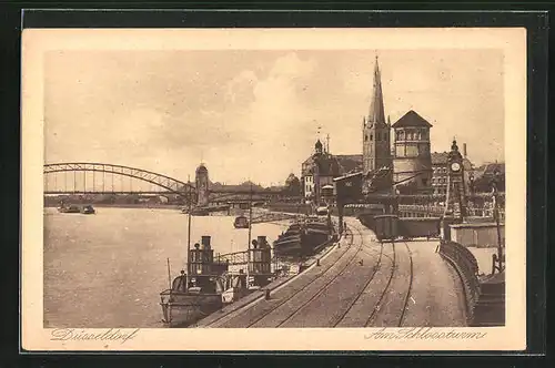 AK Düsseldorf, Am Schlossturm, Eisenbahn, Kähne, Schiffe, Brücke, Kirchturm