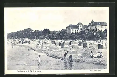 AK Scharbeutz, Blick auf den belebten Strand mit Villen an der Promenade im Hintergrund