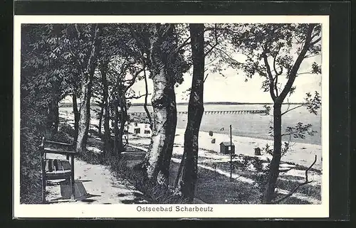 AK Scharbeutz, Blick durch Uferbäume hindurch in Richtung Strand