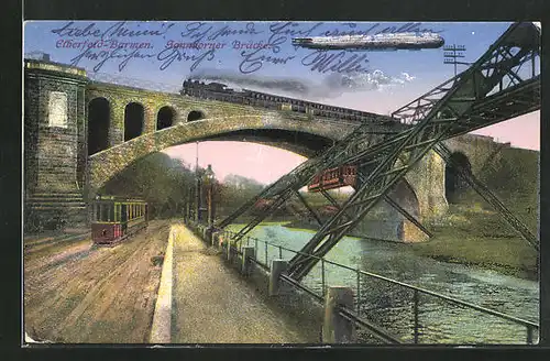 AK Elberfeld-Barmen, Sonnborner Brücke mit Eisenbahn, Zeppelin, Strassenbahn & Schwebebahn