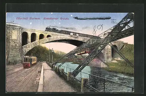 AK Elberfeld-Barmen, Sonnborner Brücke mit Eisenbahn, Zeppelin, Strassenbahn & Schwebebahn