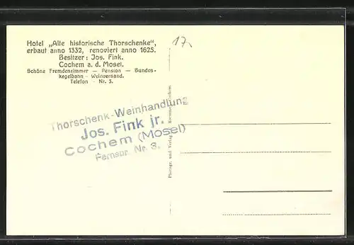 AK Cochem a. d. Mosel, Hotel Alte historische Torschenke Weinklause, Innenansicht