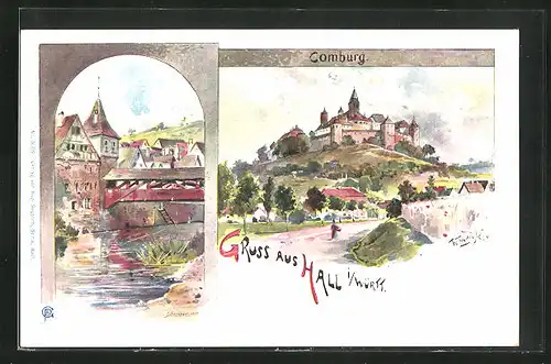 AK Hall i. Württ., Strassenpartie mit Comburg