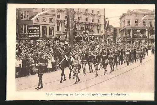 AK Lübeck, 700 Jahr Feier, Kaufmannszug zu Lande mit gefangenen Raubrittern