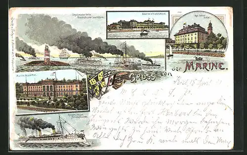 Lithographie Friedrichsort, Kaserne, Marine-Akademie, Kaiserliche Yacht Hohenzollern