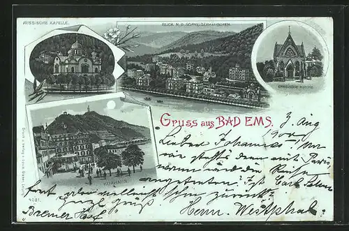 Mondschein-Lithographie Bad Ems, Kurhaus, Blick n. d. Schweizerhäuschen, Russische Kapelle