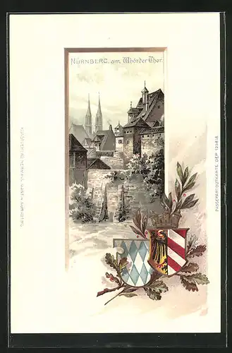 Passepartout-Lithographie Nürnberg, Ortsansicht mit Whörder Tor, Wappen