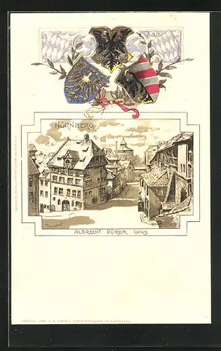 Passepartout-Lithographie Nürnberg, Ortspartie mit Albrecht Dürer Haus