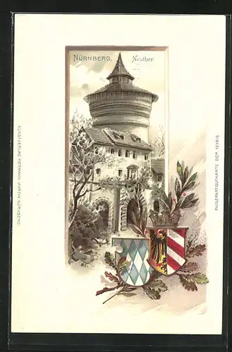 Passepartout-Lithographie Nürnberg, Neuthor im Morgengrauen, Wappen