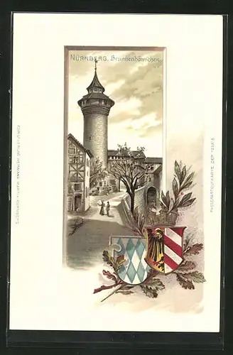 Passepartout-Lithographie Nürnberg, Strassenpartie mit Brunnenhäuschen, Wappen