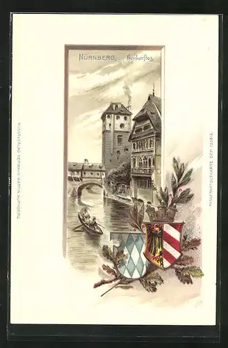 Passepartout-Lithographie Nürnberg, Flusspartie mit Henkersteg