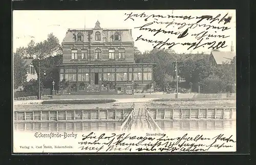 AK Eckernförde-Borby, Flusspartie mit Strand-Hotel