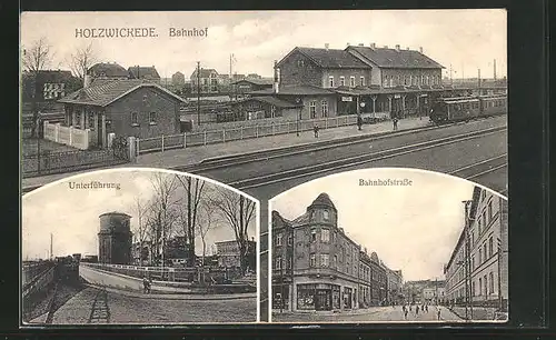 AK Holzwickede, Bahnhof mit Gleisanlagen, Unterführung und Bahnhofstrasse