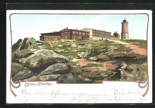 Lithographie Brocken, Blick auf Hotel und Turm