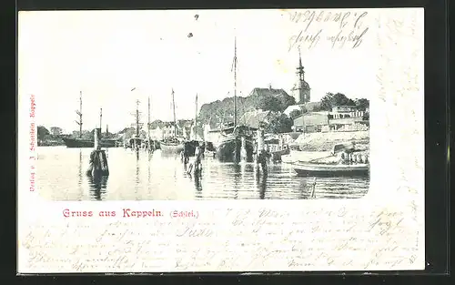 AK Kappeln, Hafen mit Ortsansicht