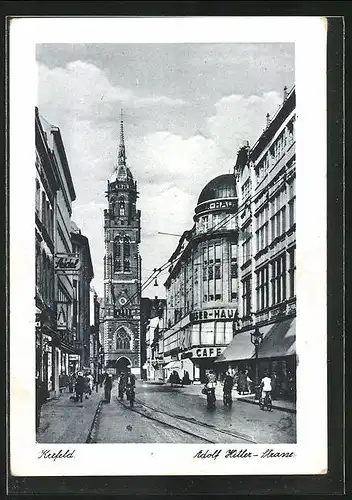 AK Krefeld, Strasse mit Kirche