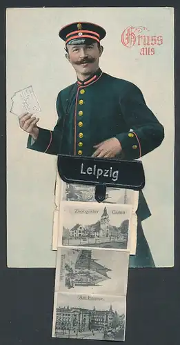 Leporello-AK Leipzig, Briefträger mit Ansichten in der Posttasche, Zoologischer Garten, Universitätsbibliothek