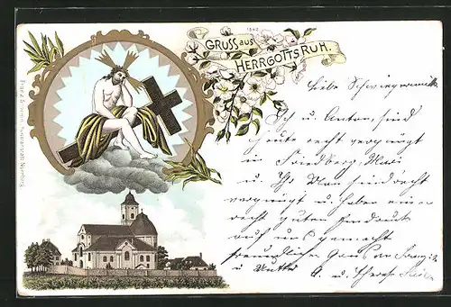 Lithographie Friedberg, Kirche Herrgottsruh, Jesus mit Kreuz