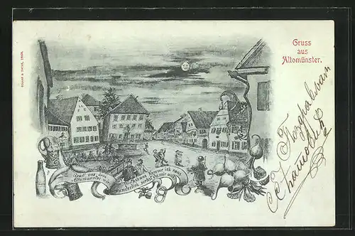 Mondschein-AK Altomünster, Marktplatz aus der Sicht eines Betrunkenen