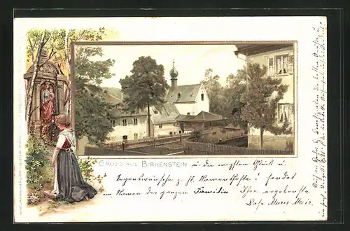 Passepartout-Lithographie Birkenstein, Kirche mit Häuser, Frau beim Tempel