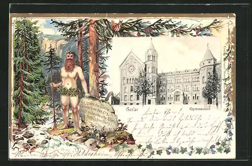 Passepartout-Lithographie Goslar, Gymnasium, Ureinwohner mit Tannenbaum