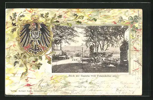 Passepartout-Lithographie Hameln, Gasthaus Felsenkeller mit Terrasse, Wappen