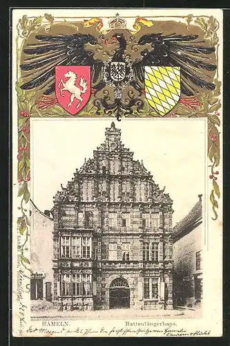 Passepartout-Lithographie Hameln, Front des Rattenfängerhauses, Wappen