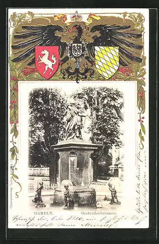 Passepartout-Lithographie Hameln, Gertrudenbrunnen im Park, Wappen