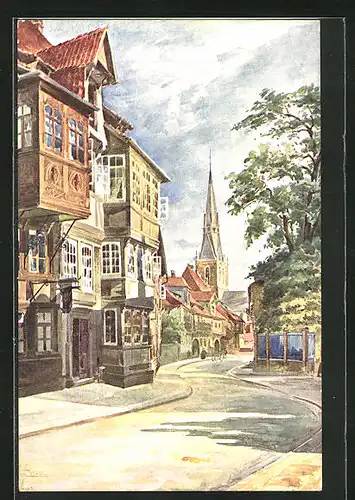 Künstler-AK Hildesheim, Blick in den Brühl und auf die Andreaskirche