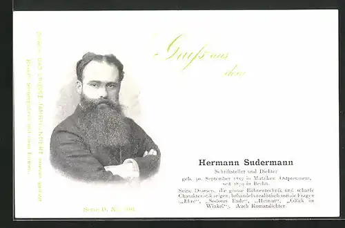 AK Portrait Schriftsteller Hermann Sudermann mit Bart im Anzug verschränkt die Arme