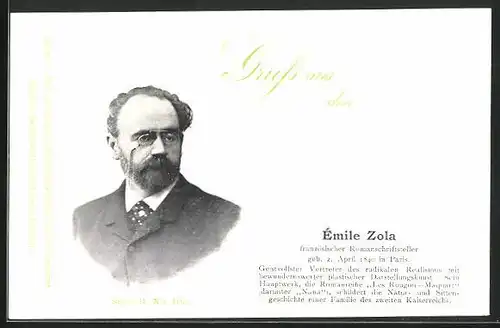 AK Portrait Schriftsteller Émile Zola mit Brille im Anzug