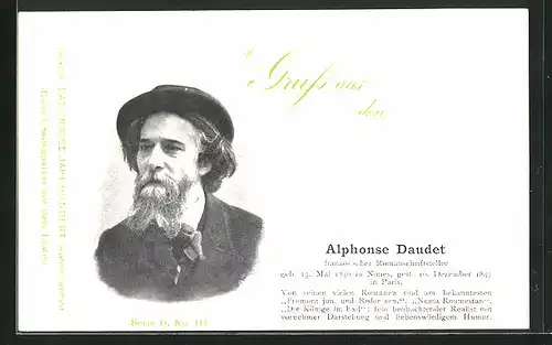 AK Portrait Schriftsteller Alphonse Daudet mit Hut und Bart im Anzug mit Querbinder