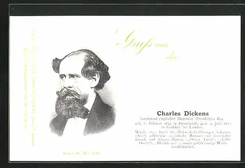 AK Portrait Schriftsteller Charles Dickens mit Bart im Anzug