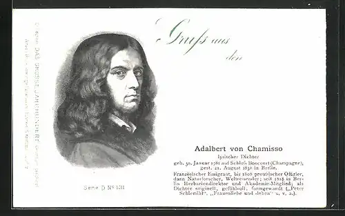 AK Portrait Dichter Adalbert von Chamisso mit gewelltem Haar