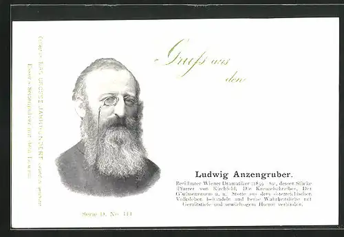 AK Portrait Schriftsteller Ludwig Anzengruber mit Brille