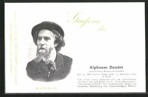 AK Portrait Romanschriftsteller Alphonse Daudet mit Bart und Hut im Anzug