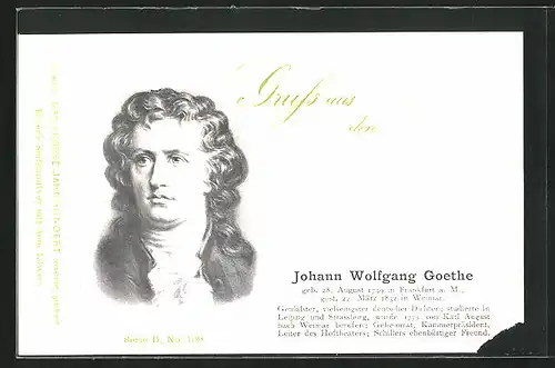 AK Portrait Schrifsteller Johann Wolfgang v. Goethe mit gelocktem Haar und Halsschleife