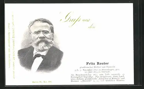 AK Portrait Dichter Fritz Reuter mit Bart und Brille im Anzug