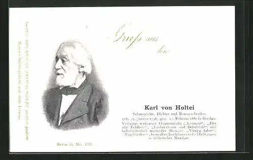 AK Portrait Schauspieler u. Dichter Karl v. Holtei im Anzug