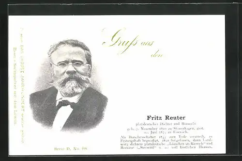 AK Portrait Dichter Fritz Reuter mit Bart und Brille im Anzug