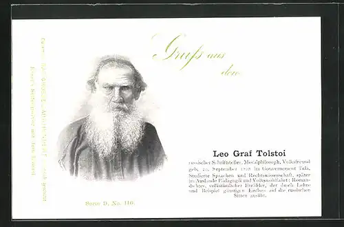 AK Portrait Schrifsteller Leo Graf Tolstoi mit Vollbart und Bauernkaftan