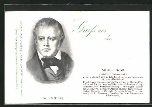 AK Portrait Romandichter Walter Scott im Anzug mit Querbinder