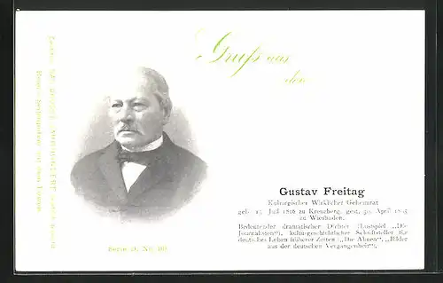 AK Portrait Dichter und Geheimrat Gustav Freitag im Anzug mit Querbinder