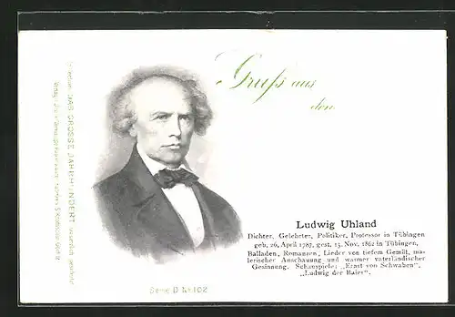 AK Portrait Dichter u. Politiker Ludwig Uhland im Anzug mit Querbinder