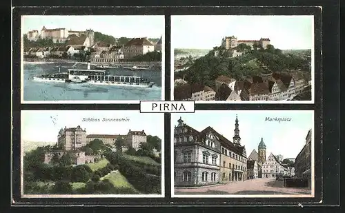 AK Pirna, Schloss sonnenstein, Marktplatz und Elbdampfer