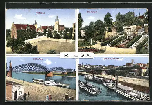 AK Riesa, Rathaus, Stadtpark, Elbbrücke & Landungsplatz