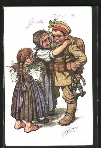 Künstler-AK Emil Beithan: zärtlich Umarmung eines Mädchens in Tracht an einen Soldaten